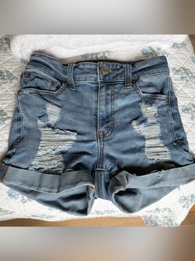 Aeropostale Light Blue Distressed Denim Roll-Cuff Shorts